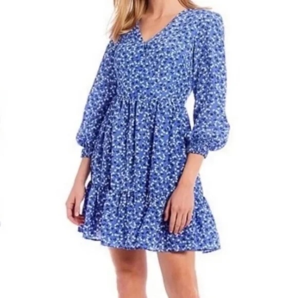 Eliza J Cherry Print Ruffle Long Sleeve Dress Blue Size 4 - Picture 3 of 11